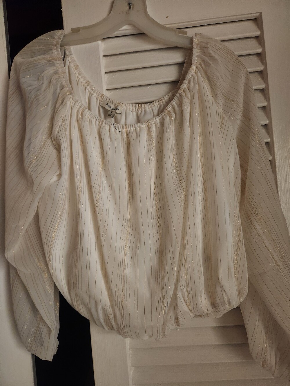 Francesca's Collections Cream Blouson Top with Metallic Stripes